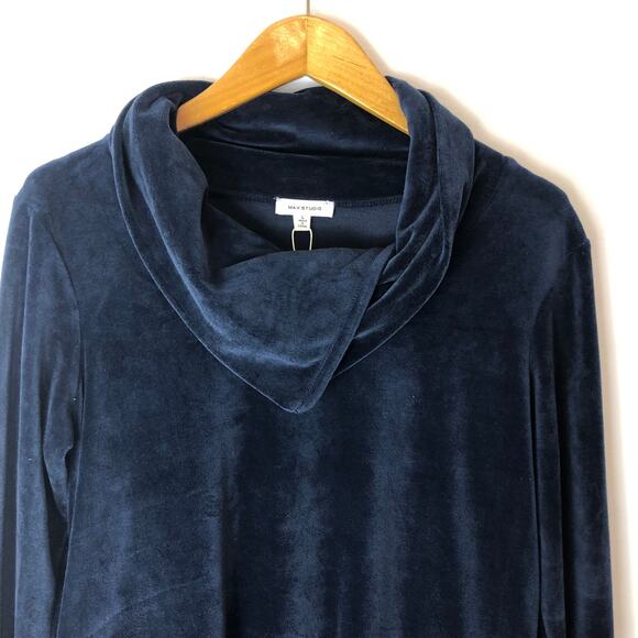 Max Studio- Navy Velour Cowl Neck Trapeze Mini Dress - Size Large-NWT - Picture 2 of 9